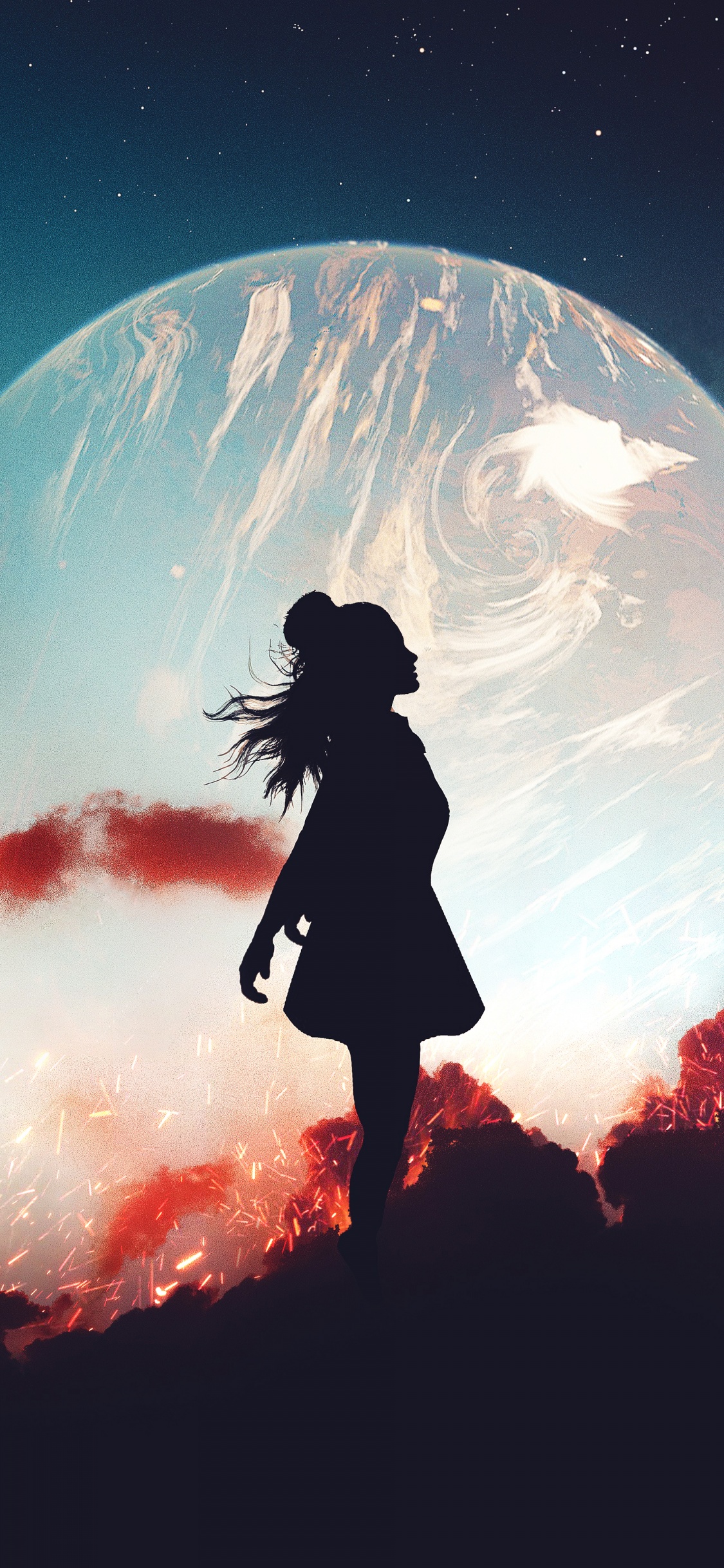 Alone Wallpaper 4K, Girl, Silhouette, Mood, Planet, Dream